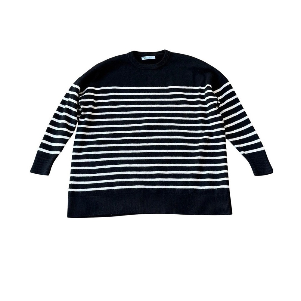Zara Striped Sweater Large Black White Nautical Oversized Crewneck Knit Pullover